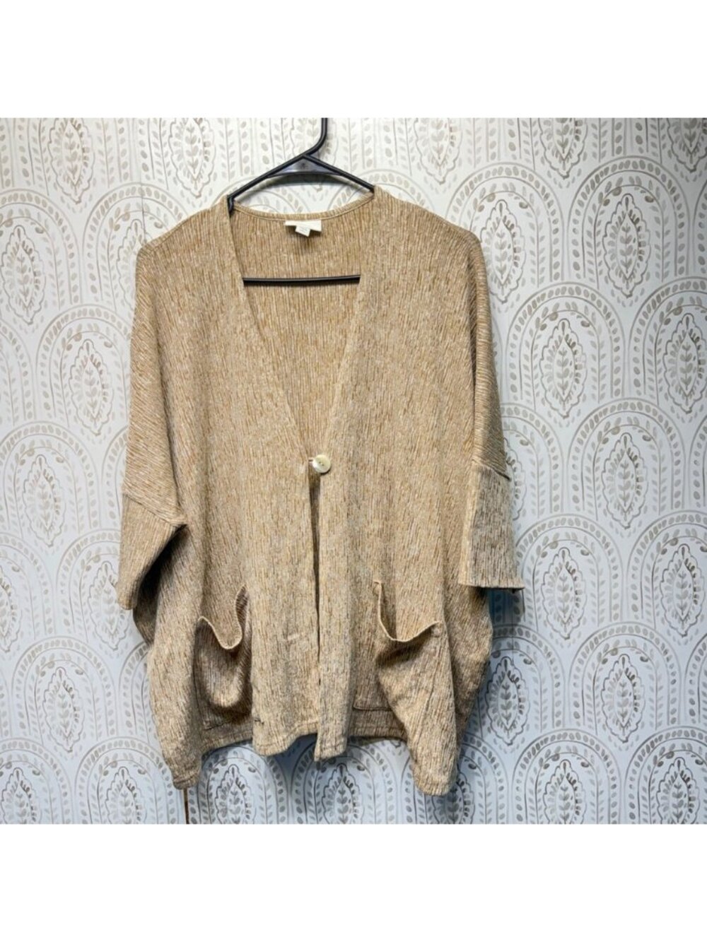 Pure Jill Cardigan Women L Petite Tan Linen Blend Single Button Oversized Pocket